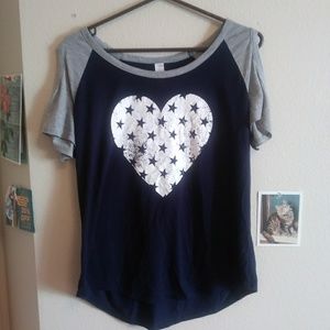 Off the shoulder navy blue heart t-shirt